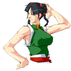 Rule 34 | 1990s (style), 1girl, black hair, braid, breasts, chinese clothes, covered erect nipples, double bun, green eyes, large breasts, qkat (arikawa-dou), retro artstyle, scrunchie, sleeveless, strider (video game), tong pooh, toned, twin braids, upper body