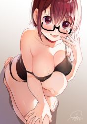 Rule 34 | 1girl, :p, absurdres, bare arms, bare legs, bare shoulders, barefoot, black-framed eyewear, black panties, black shirt, breasts, camisole, cleavage, collarbone, commentary request, covered erect nipples, dated, from above, geshumaro, glasses, hair between eyes, hand up, highres, knee up, large breasts, looking at viewer, mole, mole on breast, no pants, original, panties, red eyes, red hair, sanpaku, semi-rimless eyewear, shadow, shirt, short hair, sidelocks, signature, sleeveless, sleeveless shirt, solo, spaghetti strap, strap slip, thighs, tongue, tongue out, under-rim eyewear, underwear, underwear only