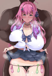 Rule 34 | 1boy, 1girl, ahoge, black panties, blue eyes, blush, bow, braid, breasts, character request, ciel (bird-strike-3), cleavage, clothes lift, commentary, condom, condom belt, copyright request, covered erect nipples, dark-skinned male, dark skin, earrings, grabbing, grabbing another&#039;s breast, gyaru, hair bow, hair ornament, highres, huge breasts, jewelry, licking lips, lifting own clothes, long hair, panties, pink hair, school uniform, skirt, skirt lift, tally, thong, tongue, tongue out, underwear, used condom