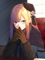 Rule 34 | 1girl, aqua eyes, black ribbon, blonde hair, blue jacket, blush, brown gloves, chair, commentary request, evil smile, fate/grand order, fate (series), flower, fur collar, gloves, grey flower, hair flower, hair ornament, hat, highres, indoors, jacket, long hair, long sleeves, looking at viewer, lord el-melloi ii case files, mikan (chipstar182), own hands together, parted lips, reines el-melloi archisorte, ribbon, sitting, smile, solo, tilted headwear, upper body, window