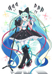Rule 34 | 1girl, absurdly long hair, absurdres, acoustic guitar, aqua eyes, aqua hair, argyle, bad id, bad pixiv id, bare shoulders, black bow, boots, bow, cable, framed breasts, frilled skirt, frills, full body, gloves, guitar, hair bow, hair ornament, hatsune miku, headphones, highres, hoop skirt, instrument, keyboard (instrument), knee boots, long hair, looking at viewer, magical mirai (vocaloid), magical mirai miku, magical mirai miku (2016), microphone, microphone stand, namuya (dlcjfgns456), necktie, open mouth, shirt, short necktie, skirt, sleeveless, sleeveless shirt, smile, solo, sparkle, standing, trumpet, twintails, very long hair, vocaloid, white gloves, white legwear