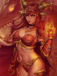 Rule 34 | 1girl, 2018, alexstrasza, arm strap, armor, artist name, bikini, bikini armor, black choker, breasts, cape, choker, cleavage, clenched hand, closed mouth, commentary, cowboy shot, detached collar, dragon, dragon horns, english commentary, expressionless, eyebrows, fantasy, fire, floating hair, gauntlets, gem, hand up, headgear, highres, horns, lips, long eyebrows, long hair, looking at viewer, medium breasts, monster, navel, nose, pyrokinesis, red armor, red bikini, red cape, red hair, red theme, sciamano240, sidelocks, signature, standing, stomach, swimsuit, teeth, warcraft, wind, world of warcraft, yellow eyes