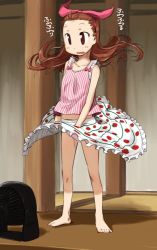 Rule 34 | 1girl, barefoot, blush stickers, bow, brown eyes, brown hair, clothes lift, electric fan, fanning crotch, feet, hair bow, idolmaster, idolmaster (classic), long hair, midriff, minase iori, open mouth, panties, skirt, skirt lift, solo, standing, striped clothes, striped panties, translation request, ttomm, underwear, wind, wind lift