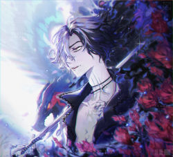 Rule 34 | 1boy, bare shoulders, bird, black hair, cane, chinese commentary, chromatic aberration, collarbone, devil may cry (series), devil may cry 5, diffraction spikes, film grain, flower, gradient hair, green eyes, griffon (devil may cry 5), hair between eyes, highres, holding, holding cane, jewelry, light particles, long neck, male focus, mianquan, multicolored hair, necklace, open mouth, pale skin, red flower, short hair, tattoo, upper body, v (devil may cry), watermark, white hair
