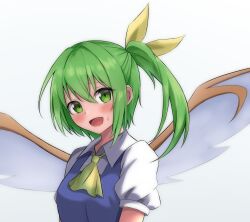 Rule 34 | 1girl, absurdres, blue dress, blush, bow, breasts, commentary, daiyousei, dress, ears, eyelashes, fairy wings, frown, furrowed brow, green eyes, green hair, hair between eyes, hair bow, highres, long hair, looking at viewer, neckerchief, open mouth, puffy short sleeves, puffy sleeves, shirt, short sleeves, side ponytail, sidelocks, simple background, small breasts, smile, solo, sweatdrop, szl, touhou, white background, white shirt, wings, yellow bow, yellow neckerchief
