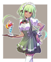 Rule 34 | 1girl, apron, badge, brown background, card, cherry, cleavage cutout, clothing cutout, commentary request, emerald sustrai, food, fruit, green hair, highres, ice cream, iesupa, long hair, maid headdress, orange (fruit), orange slice, pink eyes, rwby, short hair with long locks, smile, solo, spoon, sundae, tan, thighhighs, tissue, tray, wafer stick, waitress, white thighhighs