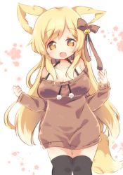 Rule 34 | :d, animal ear fluff, animal ears, bare shoulders, black legwear, blonde hair, breasts, brown dress, cleavage, dress, hair ornament, hair ribbon, large breasts, legs together, long hair, long sleeves, matatabi (nigatsu), open mouth, pom pom (clothes), ribbon, smile, thighhighs, yellow eyes