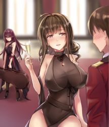 Rule 34 | 1boy, 2girls, :d, ahoge, alternate costume, arm ribbon, bare shoulders, black dress, black footwear, black gloves, black legwear, blunt bangs, blurry, blurry background, blush, breasts, brown hair, cello case, champagne flute, choker, cleavage, commander (girls&#039; frontline), commentary, commentary request, covered erect nipples, covered navel, cup, dress, drinking glass, dsr-50 (girls&#039; frontline), dsr-50 (highest bid) (girls&#039; frontline), earrings, gem, girls&#039; frontline, gloves, griffin &amp; kryuger military uniform, groin, hair ribbon, half-closed eyes, head tilt, high heels, holding, holding cup, holding drinking glass, indoors, jealous, jewelry, large breasts, long hair, military, military uniform, multiple girls, no bra, official alternate costume, open mouth, pantyhose, pumps, purple hair, red eyes, red gemstone, red ribbon, ribbon, see-through, shaded face, shawl, sidelocks, single strap, smile, sparkle, thighs, uniform, very long hair, wa2000 (ballroom interlude) (girls&#039; frontline), wa2000 (girls&#039; frontline), weapon case, yuemanhuaikong