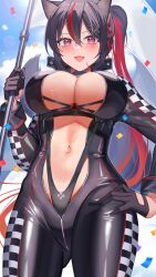 Rule 34 | 1girl, :d, absurdres, amahara subaru, black bodysuit, black gloves, black hair, blue sky, blush, bodysuit, breasts, checkered clothes, commentary request, day, fang, flag, gloves, highres, holding, holding flag, large breasts, long hair, multicolored hair, navel, open bodysuit, open clothes, open mouth, original, outdoors, ponytail, race queen, red eyes, red hair, sky, smile, solo, standing, streaked hair, tail, two-tone hair, very long hair