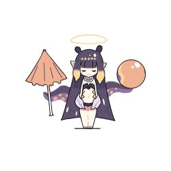 Rule 34 | 1girl, adapted costume, ball, beachball, black hair, chibi, closed eyes, flat chest, halo, highres, holding, holding umbrella, hololive, hololive english, long hair, mini wings, mole, mole under eye, navel, ninomae ina&#039;nis, pointy ears, solo, standing, swimsuit, takeru (hashiru11275), tentacle hair, tentacles, umbrella, very long hair, virtual youtuber, white background, wings