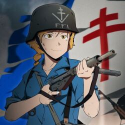 Rule 34 | 1girl, 1other, bag, black hair, blue shirt, braid, check gender, chevron (symbol), chin strap, closed mouth, collarbone, collared shirt, combat helmet, commentary, cross, two-barred cross, english commentary, fingernails, free french flag, french flag, grey bag, grey headwear, gun, gun sling, hair between eyes, headwear writing, helmet, holding, holding gun, holding weapon, looking ahead, mrxinom, original, out of frame, overcast, rifle, satchel, shirt, short hair, single braid, sky, sleeves rolled up, smile, solo focus, sten gun, strap, submachine gun, suspenders, torn flag, translated, trigger discipline, upper body, weapon, world war ii, yellow eyes