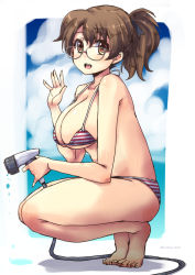 Rule 34 | 10s, 1girl, barefoot, bespectacled, bikini, black-framed eyewear, breasts, brown eyes, brown hair, faucet, from side, full body, girls und panzer, glasses, holding, hose, koyama yuzu, large breasts, looking at viewer, open mouth, outside border, red bikini, shinshin, short hair, short ponytail, smile, solo, squatting, striped bikini, striped clothes, swimsuit, twitter username, waving, wet