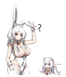 Rule 34 | ..., 2girls, :&lt;, ?, animal ear fluff, animal ears, azur lane, between breasts, blue eyes, breasts, choker, closed mouth, cosplay, double bun, fake animal ears, frown, hair bun, hairband, jitome, large breasts, le malin (azur lane), le malin (listless lapin) (azur lane), le malin (listless lapin) (azur lane) (cosplay), leotard, long hair, looking at another, looking at viewer, multiple girls, playboy bunny, rabbit ears, red eyes, short hair, silver hair, simple background, sirius (azur lane), sketch, white background, windup, wrist cuffs