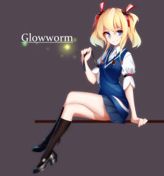 Rule 34 | 1girl, absurdres, arm support, arnold-s, bad id, bad pixiv id, black footwear, black ribbon, black socks, blonde hair, blue eyes, blue skirt, blue sweater, breasts, character name, closed mouth, commentary request, crossed legs, from side, full body, glowing, glowworm (warship girls r), hair ribbon, high heels, highres, kneehighs, looking at viewer, mary janes, pleated skirt, puffy short sleeves, puffy sleeves, ribbon, shirt, shoes, short sleeves, simple background, sitting, skirt, small breasts, smile, socks, solo, sweater, sweater vest, text focus, twintails, warship girls r, white shirt