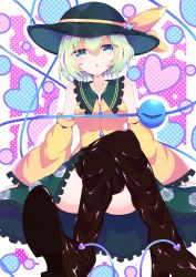 Rule 34 | 1girl, adapted costume, bare shoulders, black footwear, blue background, boots, border, breasts, collar, crossed legs, crystal, detached sleeves, eyes visible through hair, frills, green eyes, green hair, green hat, hair between eyes, hat, hat ribbon, heart, highres, komeiji koishi, long sleeves, looking at viewer, medium breasts, multicolored background, open mouth, pink background, polka dot, polka dot background, ribbon, shirt, short hair, sitting, sleeveless, solo, third eye, tomoe (fdhs5855), touhou, white border, wide sleeves, yellow ribbon, yellow shirt, yellow sleeves