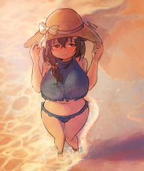 Rule 34 | 1girl, artist name, beach, bikini, black hair, blue bikini, breasts, dated, frilled skirt, frills, from above, hair flaps, hair over shoulder, hat, hat tug, jingei (kancolle), kantai collection, kirisawa juuzou, large breasts, long hair, looking to the side, red eyes, sideways glance, skirt, solo, sun hat, sunset, swimsuit, waves