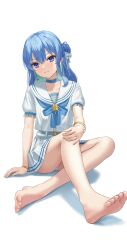 Rule 34 | 1girl, absurdres, alternate costume, aqua hair, asakura (asa t77), bare legs, barefoot, belt, blue belt, blue choker, blue eyes, blue hair, blue ribbon, bow, bowtie, bracelet, choker, closed mouth, collarbone, colored inner hair, commentary, crossed bangs, crossed legs, eyelashes, feet, foreshortening, frilled sleeves, frills, full body, hair bun, hair ribbon, highres, hololive, hoshimachi suisei, hoshimachi suisei (school uniform), jewelry, legs, looking at viewer, miniskirt, multicolored hair, on ground, panties, pleated skirt, puffy short sleeves, puffy sleeves, ribbon, school uniform, serafuku, shadow, short sleeves, sidelocks, simple background, single side bun, sitting, skirt, soles, solo, symbol-only commentary, thighs, toenails, toes, underwear, virtual youtuber, white panties, white ribbon, white serafuku, white skirt