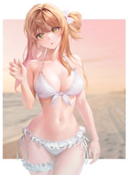 Rule 34 | 1girl, absurdres, beach, bikini, blonde hair, blue archive, breasts, cleavage, curvy, frilled bikini, frills, garter straps, green eyes, hair bun, hand up, highres, jinbin825, large breasts, looking at viewer, navel, nonomi (blue archive), photo-referenced, side bun, single side bun, solo, swimsuit, thick thighs, thigh gap, thigh strap, thighs, white bikini