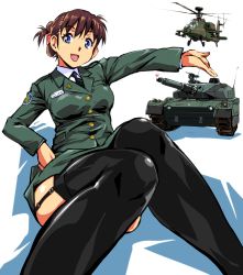 Rule 34 | 1girl, absurdres, aircraft, arm up, black necktie, black thighhighs, blouse, blue eyes, brown hair, buttons, commentary request, cup, double-breasted, drinking glass, green jacket, green skirt, hand on own hip, hat, heart, helicopter, highres, jacket, kamisimo 90, long hair, long sleeves, looking at viewer, military, military hat, military uniform, military vehicle, motor vehicle, necktie, open mouth, original, shirt, simple background, sitting, skirt, solo, tank, thighhighs, uniform, white shirt, wine glass