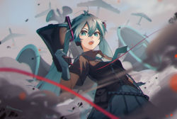 Rule 34 | 1girl, aircraft, airplane, aqua eyes, aqua hair, aqua necktie, belt pouch, black shirt, black skirt, blurry, blurry background, chinese commentary, collared shirt, commentary request, cowboy shot, debris, gloves, hair between eyes, hair ornament, hanamoto410, hand up, hatsune miku, helicopter, highres, holding, holding megaphone, koi wa sensou (vocaloid), long hair, megaphone, necktie, open mouth, pleated skirt, pouch, shirt, short sleeves, skirt, solo, standing, string, teeth, twintails, twitter username, upper teeth only, very long hair, vocaloid