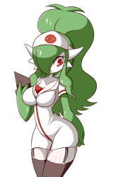 Rule 34 | absurdres, breasts, clipboard, collarbone, commentary, cosplay, creatures (company), curly hair, english commentary, game freak, gardevoir, garter belt, gen 3 pokemon, green hair, high ponytail, highres, hilda (pokemon), hilda (pokemon) (cosplay), holding, holding clipboard, long hair, lucyfer, nintendo, nurse, open mouth, pokemon, red eyes, simple background, solo, thighhighs