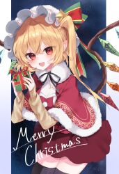 Rule 34 | 1girl, :d, absurdres, adapted costume, bell, black thighhighs, blonde hair, blush, box, breasts, capelet, christmas, cleavage, cowboy shot, crystal, ear blush, eyes visible through hair, fingernails, flandre scarlet, fur-trimmed capelet, fur trim, gift, gift box, hair between eyes, hands up, hat, highres, holding, holding gift, long sleeves, looking at viewer, merry christmas, mob cap, night, one side up, open mouth, pointy ears, red eyes, red skirt, ribbon, rori82li, skirt, sky, small breasts, smile, solo, thighhighs, touhou, wings, zettai ryouiki