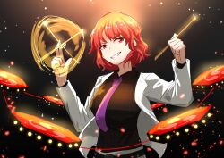 Rule 34 | 1girl, absurdres, black shirt, collared shirt, commentary, dated, drumsticks, english text, gift art, highres, holding, holding drumsticks, horikawa raiko, looking at viewer, necktie, purple necktie, red eyes, red hair, shirt, signature, smile, solo, textless version, touhou, upper body, v-shaped eyebrows, xen0moonz