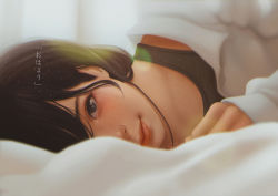 Rule 34 | 1girl, black eyes, black hair, blouse, blurry, blurry background, close-up, closed mouth, dress shirt, freckles, jewelry, lips, long hair, looking at viewer, lying, magion02, necklace, on side, original, pov, realistic, shirt, solo, translated, white shirt