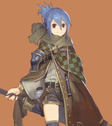 Rule 34 | 1girl, armor, belt, belt buckle, black belt, blue hair, braid, brooch, brown background, brown cape, brown eyes, buckle, cape, checkered cape, closed mouth, commentary request, facing viewer, flask, grey scarf, grey shorts, hair between eyes, highres, holding, holding sword, holding weapon, jewelry, looking at viewer, medium hair, nakamura eight, original, ponytail, scabbard, scarf, sheath, sheathed, short shorts, shorts, simple background, smile, solo, standing, sword, thighhighs, upper body, weapon, zettai ryouiki