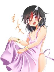 Rule 34 | 1girl, apron, apron hold, bare arms, bare shoulders, black hair, blush, bracelet, commentary request, cone horns, cowboy shot, fang, flat chest, hair between eyes, head tilt, horns, jewelry, kijin seija, long hair, looking at viewer, multicolored hair, naked apron, one-hour drawing challenge, open mouth, pink apron, red hair, shiya re27, simple background, smile, solo, standing, strap slip, streaked hair, touhou, white background, white hair
