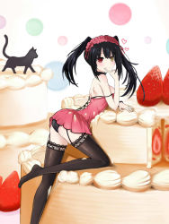 Rule 34 | 10s, 1girl, arched back, bad id, bad pixiv id, bare shoulders, black hair, black thighhighs, cake, cat, clock eyes, date a live, food, fruit, garter belt, garter straps, hairband, heart, heterochromia, highres, in food, long hair, md5 mismatch, oversized object, red eyes, smile, solo, spoken heart, strawberry, symbol-shaped pupils, thighhighs, tokisaki kurumi, twintails, yellow eyes, z1npool