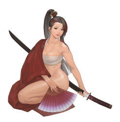 Rule 34 | 1girl, black hair, bottomless, breasts, brown eyes, cleavage, eunyoung jeon, folding fan, full body, hair tubes, hand fan, japanese clothes, katana, lips, medium breasts, multicolored hair, off shoulder, original, ponytail, red hair, scabbard, sheath, simple background, sitting, solo, strapless, streaked hair, sword, toned, tube top, unsheathing, weapon, white background
