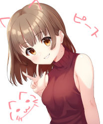 Rule 34 | 1girl, bad id, bad pixiv id, bare arms, bare shoulders, blush, brown eyes, brown hair, drawn ears, hand up, highres, long hair, looking at viewer, mole, mole on neck, original, parted lips, red shirt, shirt, simple background, sleeveless, sleeveless shirt, smile, solo, tsukiman, upper body, v, white background