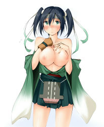 Rule 34 | 10s, 1girl, bare shoulders, black hair, blush, breasts, flight deck, green eyes, hands on own chest, headband, highres, japanese clothes, kaminagi (kaminagi-tei), kantai collection, large breasts, looking at viewer, nipples, short hair, short twintails, skirt, solo, souryuu (kancolle), twintails