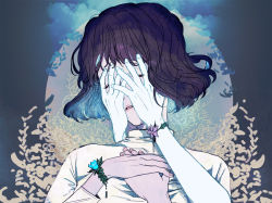 Rule 34 | 1girl, blue hair, bracelet, closed eyes, covering face, covering own eyes, dark blue hair, disembodied hand, flower, glowing, hands on own chest, highres, jewelry, long sleeves, original, parted lips, shirt, short hair, solo, turtleneck, white shirt, x (comira)