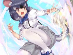 Rule 34 | 1girl, :d, animal ear fluff, animal ears, black eyes, black hair, blue bow, blue bowtie, bow, bowtie, chinchilla (kemono friends), chinchilla ears, chinchilla tail, grey hair, grey shorts, hair between eyes, hand up, highres, kemono friends, pantyhose under shorts, looking away, multicolored hair, open mouth, outstretched arm, pantyhose, shirt, shorts, smile, solo, suspender shorts, suspenders, tadano magu, tail, v-shaped eyebrows, white pantyhose, white shirt