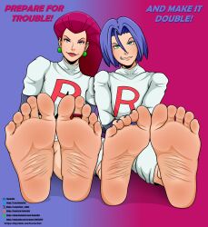 1boy 1girl barefoot blue_hair creatures_(company) crossdressing earrings feet feet_artist foot_focus game_freak highres james_(pokemon) jessie_(pokemon) jewelry looking_at_viewer nintendo pokemon pokemon_(anime) self-upload sitting smile soles team_rocket toenails toes