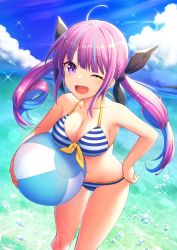Rule 34 | 1girl, ;d, ahoge, armpits, ball, bare arms, bare shoulders, beachball, bikini, braid, breasts, cleavage, cloud, collarbone, colored inner hair, day, front-tie bikini top, front-tie top, glint, hair ribbon, halterneck, hand on own hip, highres, holding, hololive, large breasts, light rays, long hair, looking at viewer, minato aqua, minato aqua (hololive summer 2019), multicolored hair, navel, nishino eri, one eye closed, open mouth, outdoors, purple eyes, purple hair, ribbon, sidelocks, sky, smile, solo, standing, stomach, streaked hair, string bikini, striped bikini, striped clothes, sunbeam, sunlight, swimsuit, thighs, twintails, two-tone hair, very long hair, virtual youtuber