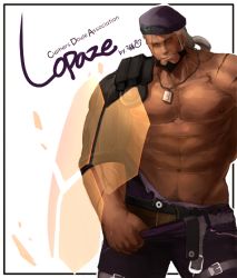 Rule 34 | 1boy, abs, alternate costume, artist request, bandaid, bandaid on cheek, bandaid on face, bara, bare pectorals, beard, belt, black hair, brown male underwear, clothes pull, cyphers, damian doyle (cyphers), dark-skinned male, dark skin, facial hair, feet out of frame, headwear request, jewelry, male focus, male underwear, male underwear peek, mature male, mohawk, muscular, muscular male, navel, navel hair, necklace, nipples, open belt, pants, pants pull, pectorals, purple headwear, purple pants, seductive smile, shirt, short hair, smile, solo, standing, stomach, thigh belt, thigh strap, thighs, torn clothes, torn shirt, underwear