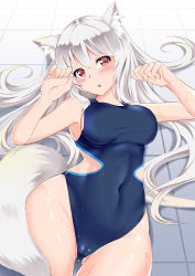 Rule 34 | 1girl, absurdres, animal ears, blush, breasts, cameltoe, cat ears, cat girl, cat tail, catstudioinc (punepuni), covered navel, gluteal fold, highres, long hair, lying, on back, one-piece swimsuit, open mouth, original, red eyes, solo, swimsuit, tail, wet, white hair