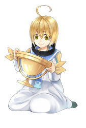Rule 34 | 1boy, ahoge, blonde hair, child, green eyes, jewelry, laphicet (tales), male focus, maodaisuke, necklace, sailor collar, simple background, sitting, solo, tales of (series), tales of berseria, white background