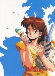 Rule 34 | 1980s (style), 1girl, anice farm, artist request, bag, brown eyes, brown hair, carrying, chouon senshi borgman, double scoop, earrings, food, half updo, highres, holding, holding food, ice cream, jewelry, kikuchi michitaka, looking at viewer, messy, retro artstyle, retro artstyle, shadow, shopping bag, solo