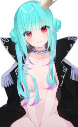 Rule 34 | 1girl, absurdres, aoiro 0w0, blush, colored tips, convenient censoring, crown, double bun, green hair, hair bun, hair censor, hair ornament, hair over breasts, head tilt, highres, hololive, jacket, looking at viewer, multicolored hair, open clothes, red eyes, simple background, solo, uruha rushia, uruha rushia (3rd costume), virtual youtuber, white background