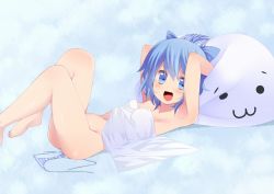 Rule 34 | 1girl, :3, armpits, arms up, barefoot, bed sheet, blue eyes, blue hair, blush, bow, breasts, child, cirno, covering privates, fang, feet, hair bow, legs, legs up, looking at viewer, lying, matching hair/eyes, naked sheet, nigo (aozoragarou), no pants, nude, nude cover, on back, panties, pillow, short hair, small breasts, smile, solo, striped clothes, striped panties, touhou, underwear, unworn panties
