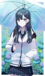 Rule 34 | 1girl, backpack, bag, black hair, black necktie, black skirt, blue flower, blue umbrella, blush, breasts, cardigan, closed mouth, collared shirt, commentary request, dress, flower, grey eyes, hand in pocket, highres, holding, holding umbrella, hydrangea, long hair, long sleeves, looking at viewer, misumi (macaroni), mole, mole under eye, necktie, original, plaid necktie, plaid neckwear, pleated skirt, purple flower, rain, school uniform, shirt, skirt, sleeves past wrists, small breasts, smile, solo, umbrella, white cardigan, white shirt