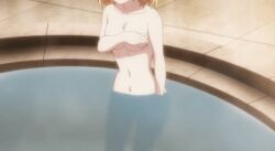 Rule 34 | 1girl, animated, animated gif, anisphia wynn palettia, bath, bathroom, blonde hair, breasts, cleavage, closed eyes, collarbone, completely nude, covering privates, covering breasts, large breasts, medium hair, navel, nude, open mouth, partially submerged, stomach, tensei oujo to tensai reijou no mahou kakumei, thighs