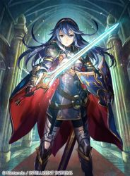 Rule 34 | 1girl, armor, armored boots, belt, blue eyes, blue hair, boots, breastplate, cape, company connection, copyright name, fire emblem, fire emblem awakening, fire emblem cipher, fuzichoco, gauntlets, glowing, glowing weapon, hand on own hip, holding, holding weapon, indoors, jewelry, long hair, looking at viewer, lucina (fire emblem), matching hair/eyes, nintendo, official art, open mouth, pauldrons, princess, shield, shoulder armor, solo, sword, thighhighs, tiara, weapon