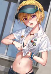 Rule 34 | 1girl, badge, bikini, bikini under clothes, black bikini, blonde hair, blouse, blush, breasts, button badge, cleavage, commentary request, cowboy shot, fang, green hat, hat, highres, idolmaster, idolmaster shiny colors, jewelry, looking at viewer, midriff, navel, necklace, nekopuchi, open clothes, open mouth, open shirt, purple eyes, saijo juri, shirt, short hair, short sleeves, small breasts, solo, stomach, swimsuit, unbuttoned, unbuttoned shirt, visor cap, white shirt, window, wristband