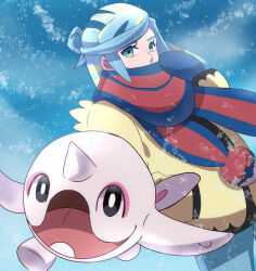 Rule 34 | 1boy, androgynous, black eyes, blue eyes, blue hair, blue mittens, cetoddle, creatures (company), game freak, grusha (pokemon), highres, jacket, light blue hair, long hair, long sleeves, looking at viewer, male focus, mittens, nintendo, pokemon, pokemon (creature), pokemon sv, scarf, scarf over mouth, shugara, striped clothes, striped scarf, yellow jacket