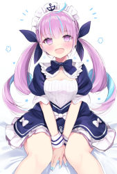 Rule 34 | 1girl, :d, ahoge, anchor, anchor symbol, bed sheet, between legs, blue bow, blue dress, blue hair, blue nails, blue ribbon, blush, bow, breasts, cleavage, colored inner hair, commentary request, dress, frilled dress, frills, hair ribbon, hand between legs, highres, hololive, long hair, looking at viewer, maid headdress, medium breasts, minato aqua, minato aqua (1st costume), multicolored hair, nail polish, notice lines, open mouth, pink hair, purple eyes, ribbon, ringlets, sasahara wakaba, sitting, smile, solo, twintails, two-tone hair, very long hair, virtual youtuber, white background, white bow, wrist cuffs